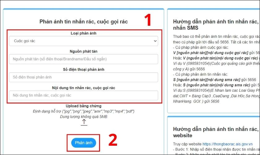 Nhập những thông tin và nhấn Phản ánh