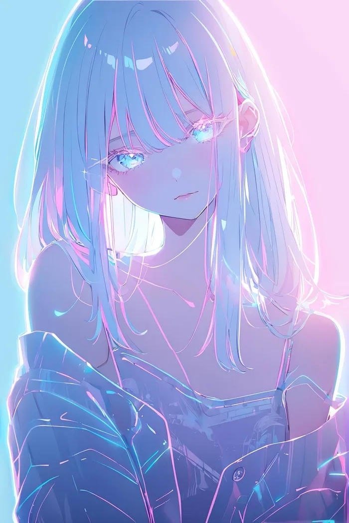 Hình anime girl tóc tím đứng dưới trời hoàng hôn