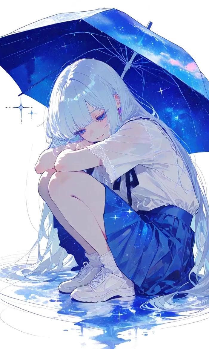 Ảnh anime nữ đẹp cầm ô với ánh mắt buồn sâu lắng
