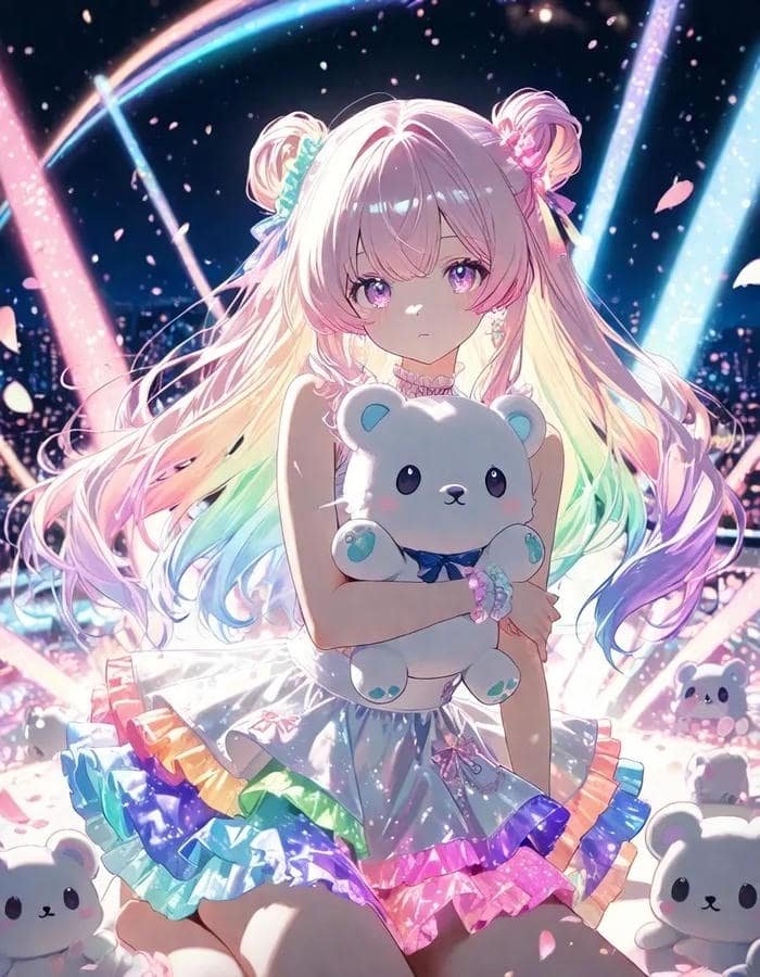 Ảnh anime con gái ôm gấu đọc sách