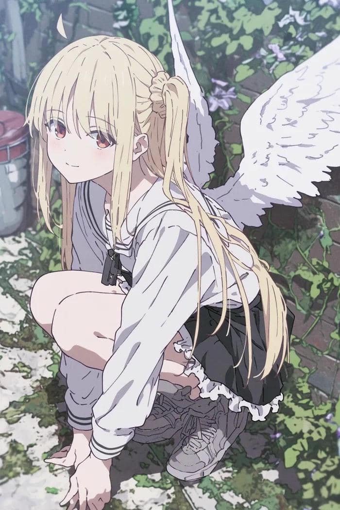Hình anime girl thiên thần tóc vàng đứng dưới trời hoàng hôn