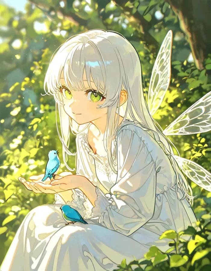 Hình anime girl tóc trắng nhẹ nhàng giữa cánh đồng hoa