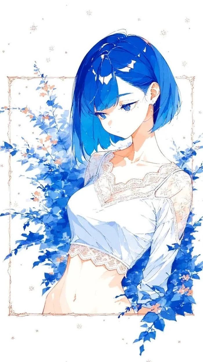 Hình anime girl tóc xanh có ánh mắt buồn