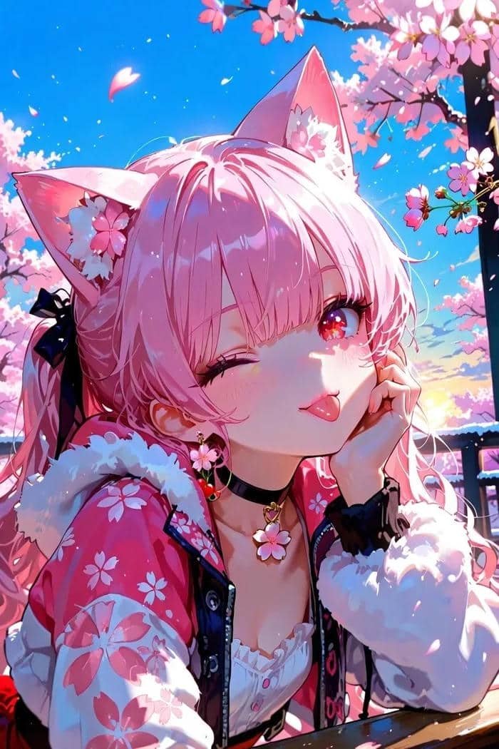 Ảnh anime con gái tóc hồng lè lưỡi
