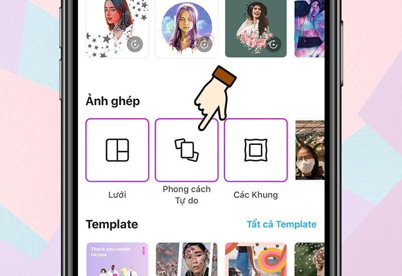 Bước 1: Mở ứng dụng PicsArt trên điện thoại > Chọn vào mục dấu cộng + màu hồng ở giữa phía dưới màn hình.