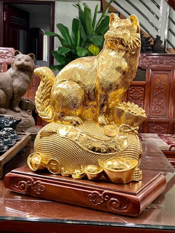 Tượng Mèo Bằng Đồng Đứng Túi Tiền Dát Vàng 9999