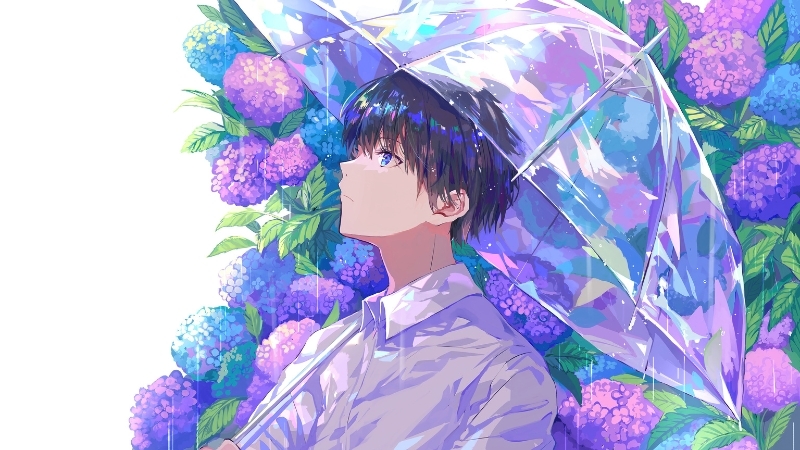 Cậu bé anime cute bên bàn cafe