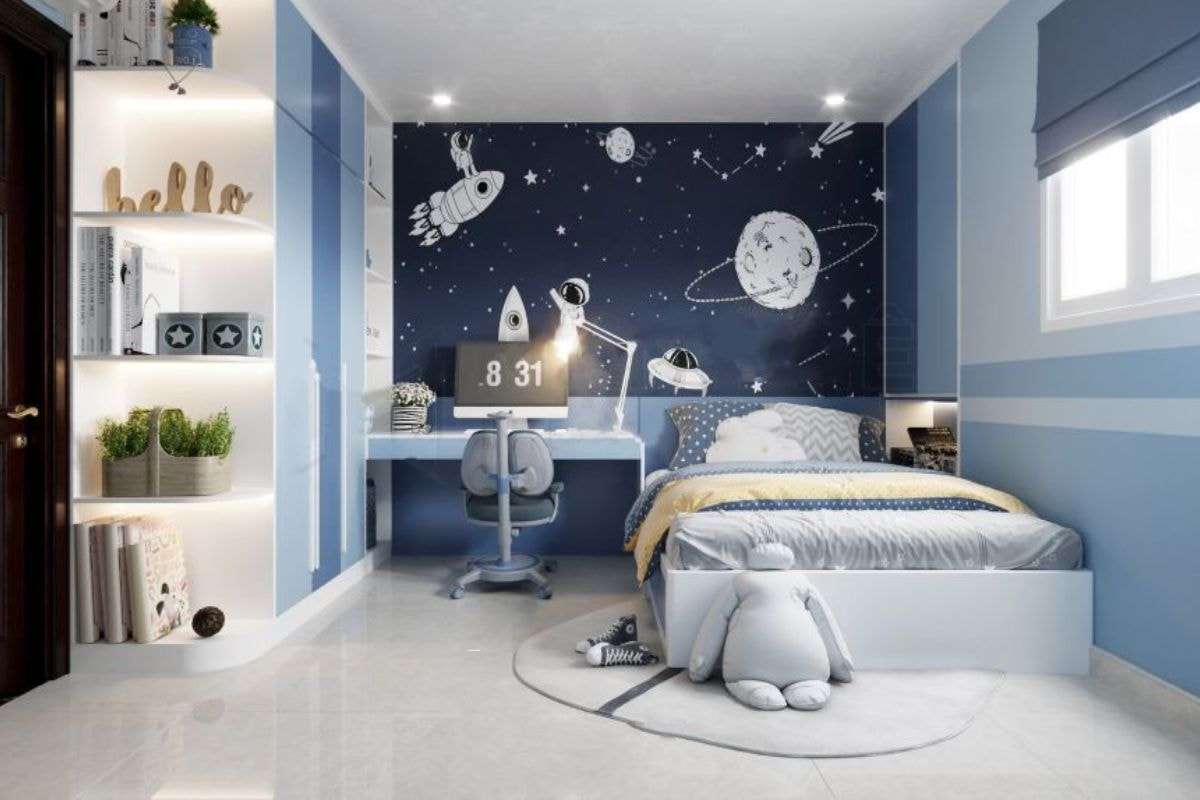 Phòng ngủ được thiết kế cho bé gái 12 tuổi theo chủ đề vũ trụ bằng decal trang trí tường