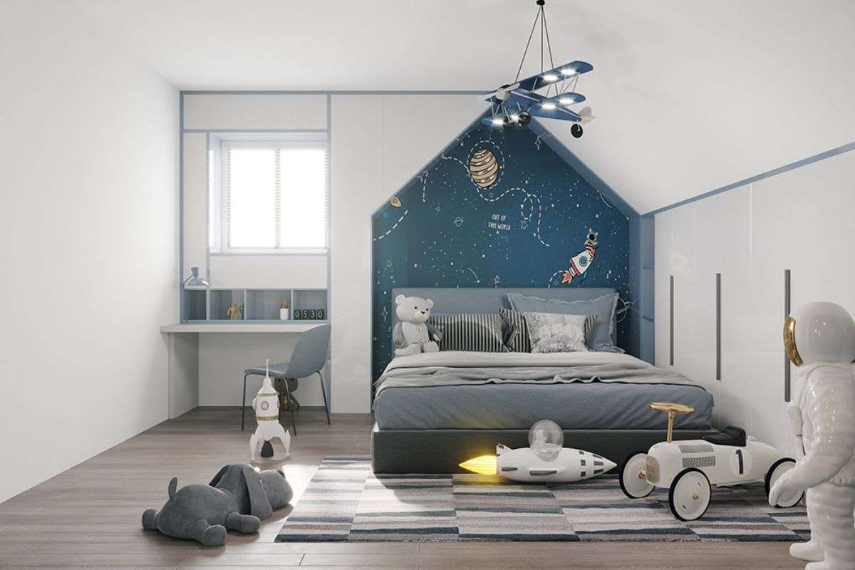 Phòng ngủ bé gái 12 tuổi trở nên sinh động hơn thông qua các họa tiết trang trí theo chủ đề vũ trụ