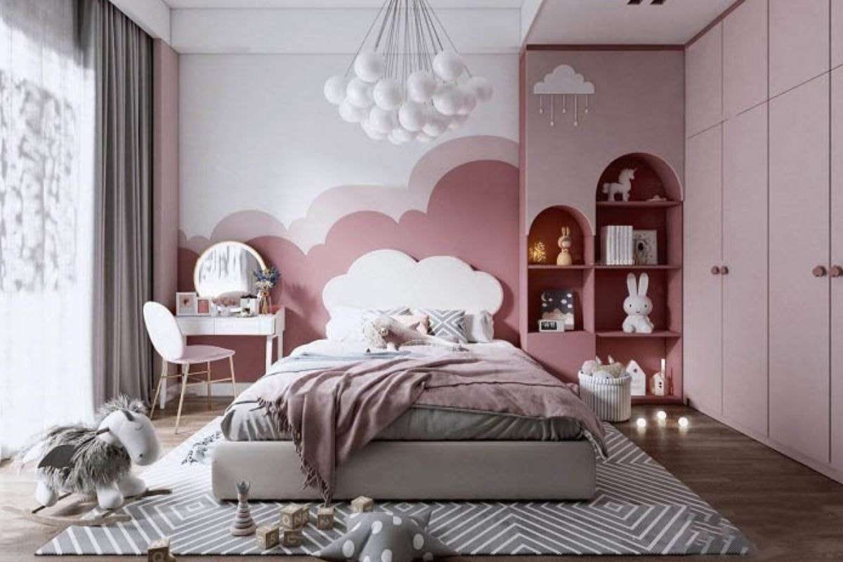Phòng ngủ cho bé gái 12 tuổi tone hồng chủ đạo cùng điểm đặc biệt ở chiếc đèn thả có thiết kế độc đáo