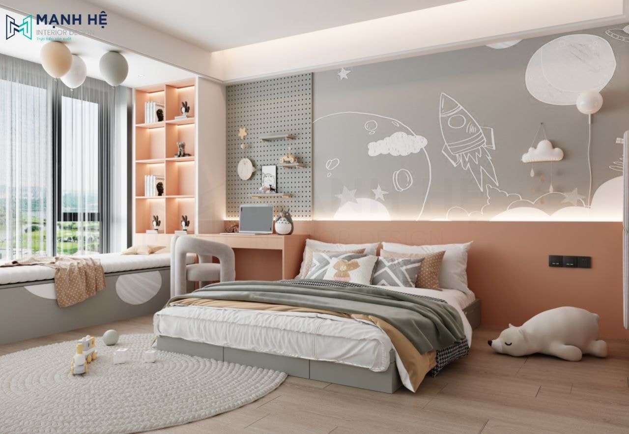 Gam màu xám trắng chủ đạo cùng với các món nội thất đơn giản phù hợp với các bé có cá tính mạnh