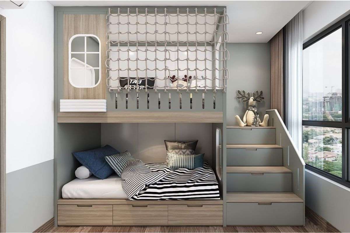 Giường ngủ tích hợp tủ kéo giúp tăng diện tích lưu trữ cho trẻ