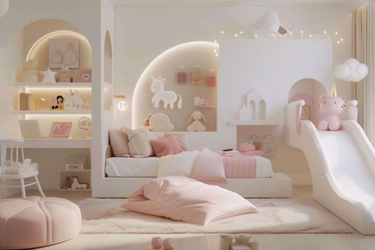 Phòng ngủ thêm xinh xắn nhờ vào tone trắng chủ đạo kết hợp ánh sáng vàng từ dàn đèn Led âm
