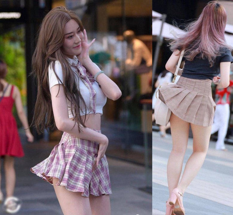 Ngắm hình gái xinh mặc váy ngắn xếp ly màu caro dễ thương