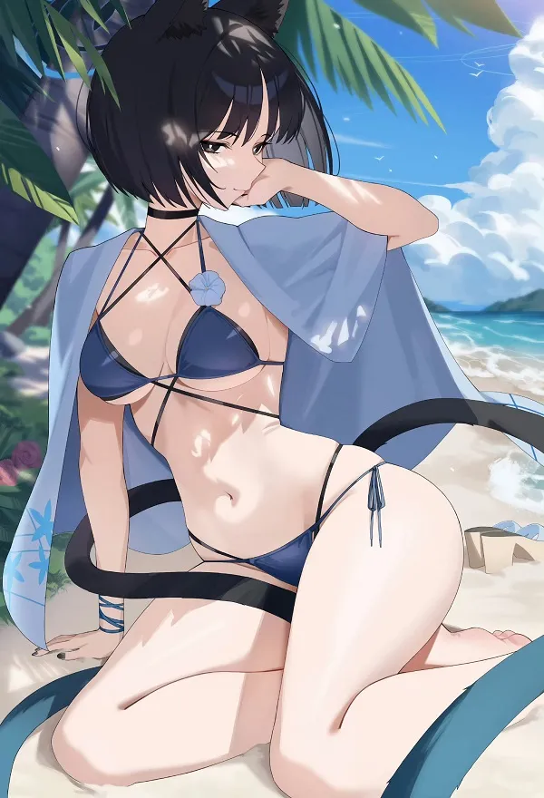 Cô gái anime với bộ bikini màu hồng pastel nhẹ nhàng, tận hưởng ánh nắng vàng trên bãi biển.