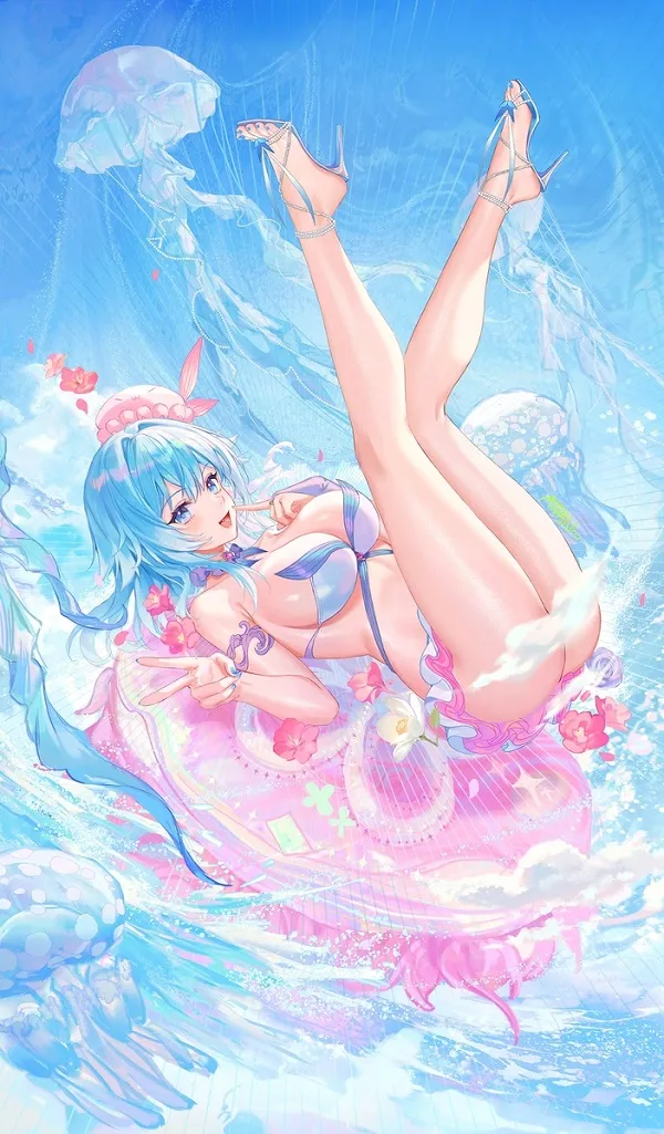 Nàng anime sành điệu với bộ bikini hai mảnh và kính râm thời trang, sẵn sàng cho một ngày hè sôi động.