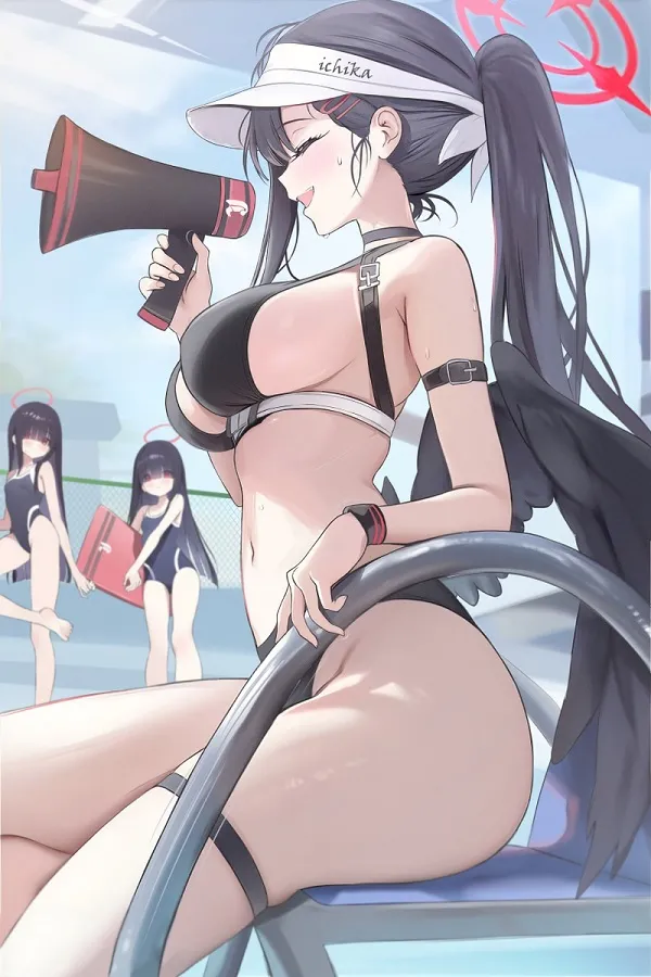Vẻ ngượng ngùng dễ thương của cô gái anime mặc bikini, tạo dáng bên hồ bơi dưới nắng nhẹ nhàng.