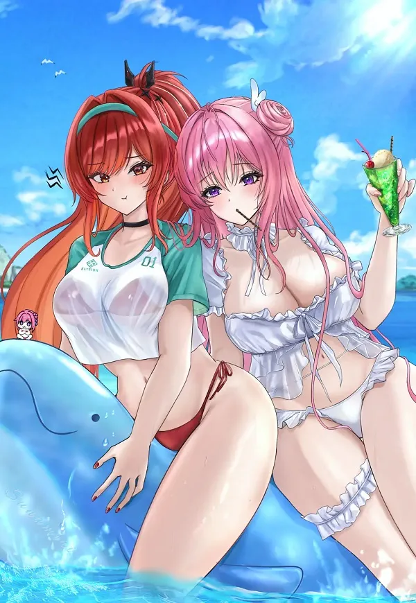 Nàng anime tóc nâu bồng bềnh trong gió, diện bikini xanh navy thanh lịch bên bờ biển.