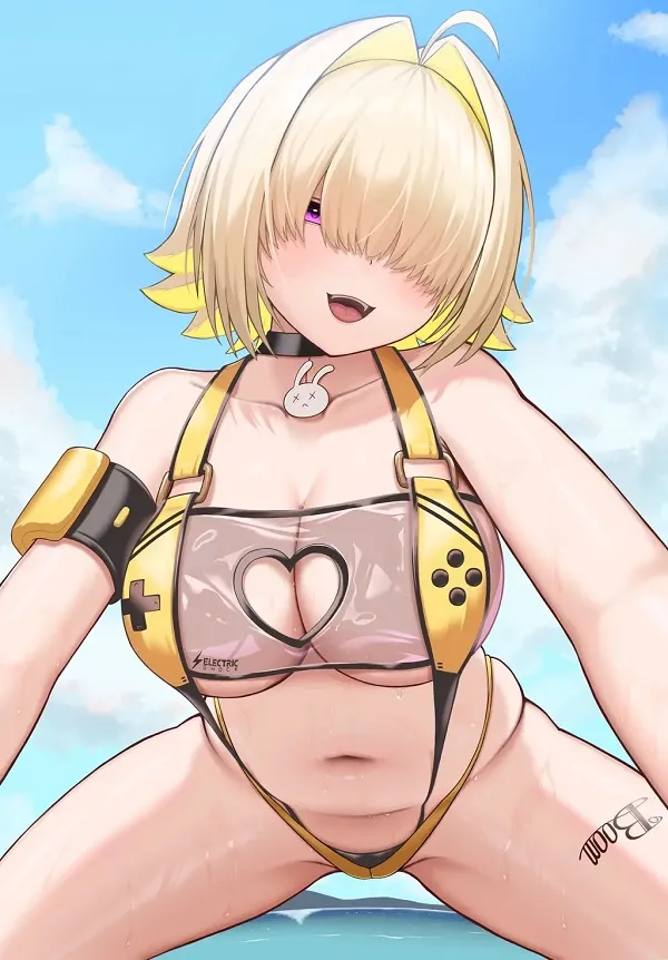 Tư thế ngồi dễ thương của cô gái anime mặc bikini, thư giãn trên ghế tắm nắng.