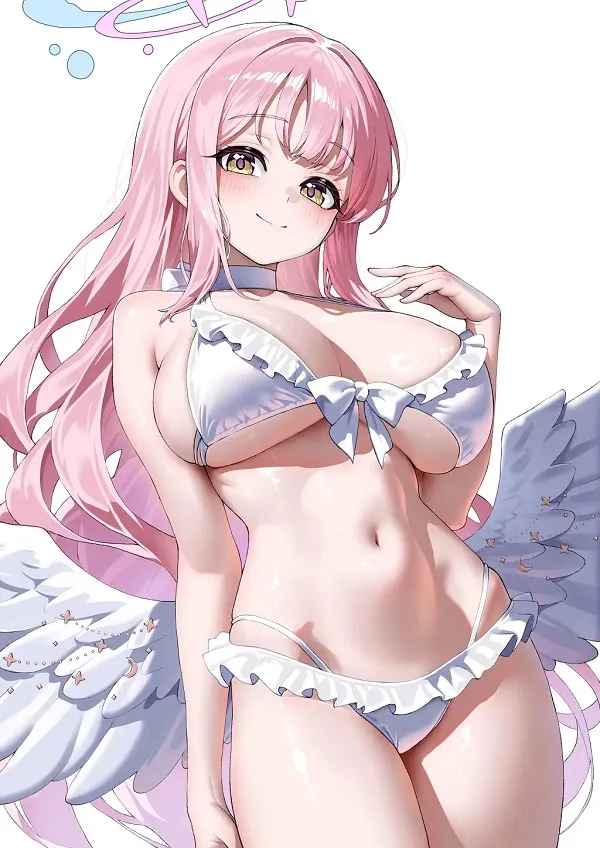 Hình ảnh chụp từ phía sau tôn dáng, cô gái anime mặc bikini ngắm nhìn biển rộng.