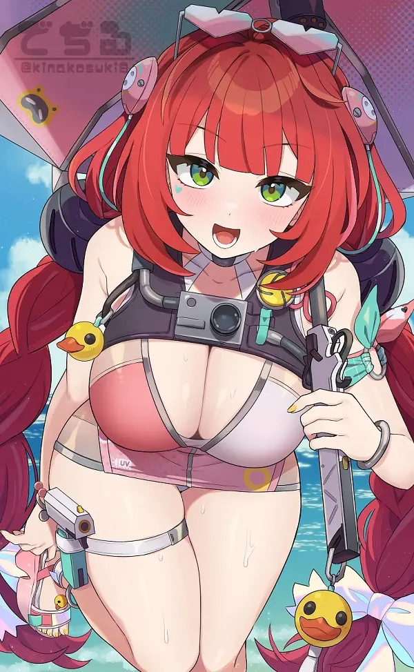 Cô gái anime trong bộ bikini và mũ rộng vành, chuẩn bị tận hưởng chuyến đi biển đầy nắng.