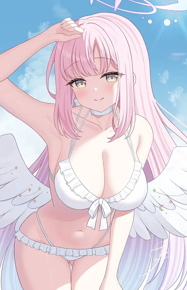 Nàng anime tóc dài với bộ bikini trắng tinh khôi, khoe làn da trắng sứ dưới ánh mặt trời.