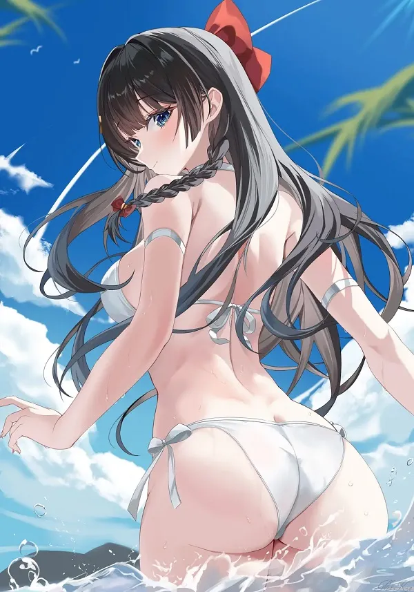 Nhân vật anime vui vẻ tung nước cùng bạn bè trên biển, khoe khoảnh khắc đáng yêu trong bikini.