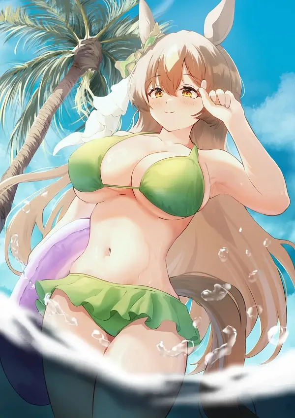 Ánh mắt sắc lạnh đầy cuốn hút của cô gái anime, tạo điểm nhấn trong bộ bikini màu đen.