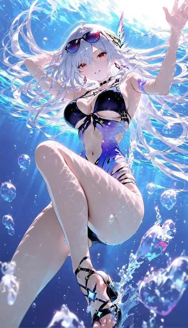 Nụ cười rạng rỡ của cô gái anime tóc vàng với bộ bikini đỏ, mang đến năng lượng tích cực cho mùa hè.