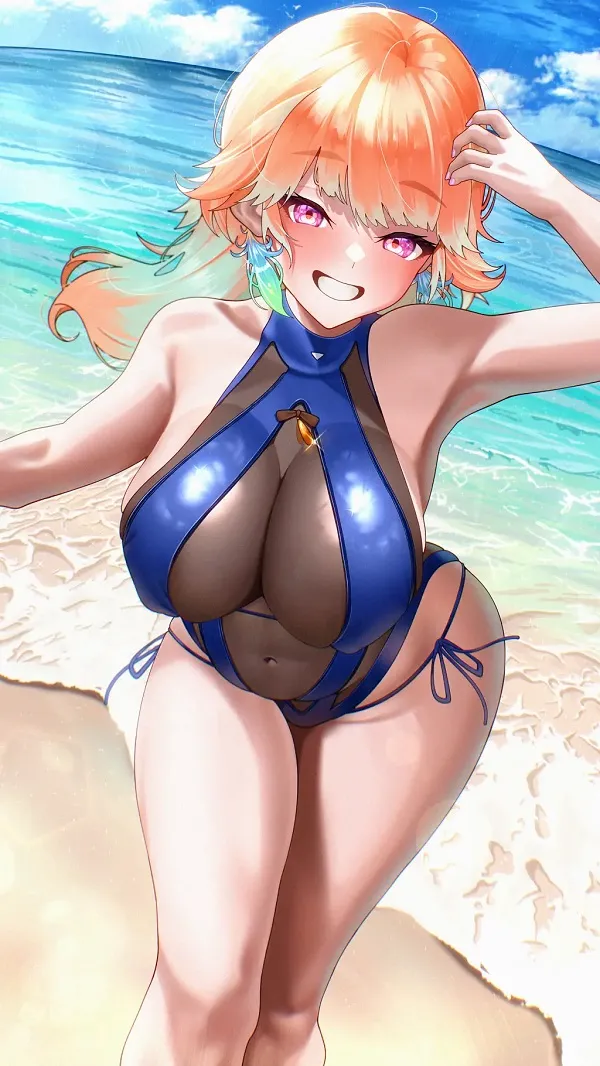 Nàng anime xinh đẹp diện bikini cổ yếm kết hợp vòng hoa Hawaii, mang đến không khí lễ hội.