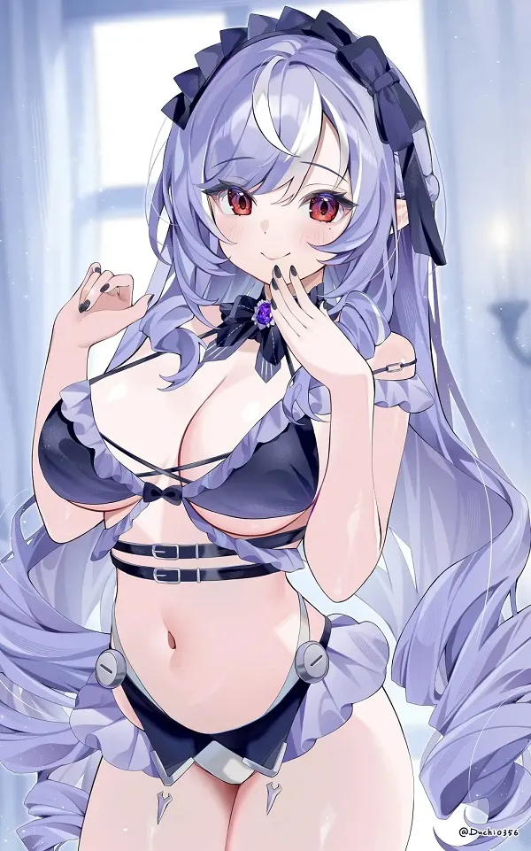 Bikini vàng rực rỡ nổi bật trên nền trời xanh mây trắng, cô gái anime tận hưởng không gian biển.