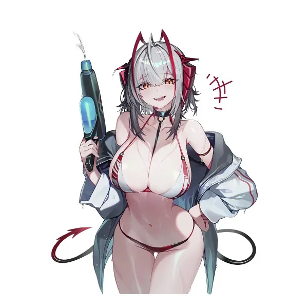 Bóng dáng cô gái anime trong bộ bikini quyến rũ dưới ánh hoàng hôn lãng mạn trên biển.