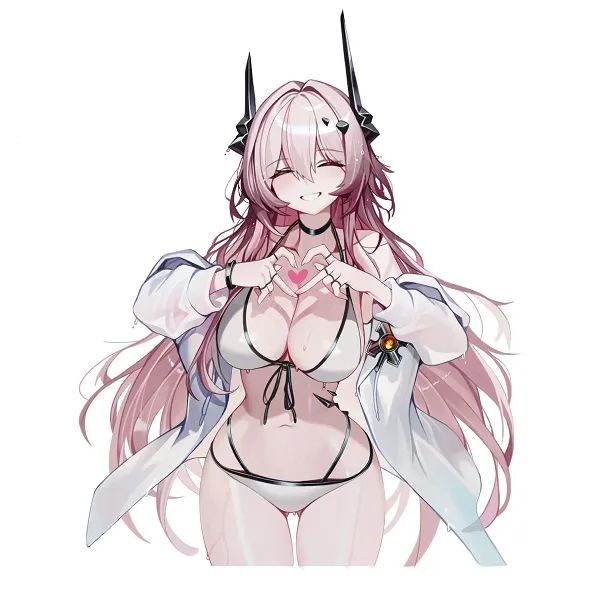 Cô gái anime tóc xanh tự tin tạo dáng trên bãi cát vàng, khoe vóc dáng trong bộ bikini thời thượng.