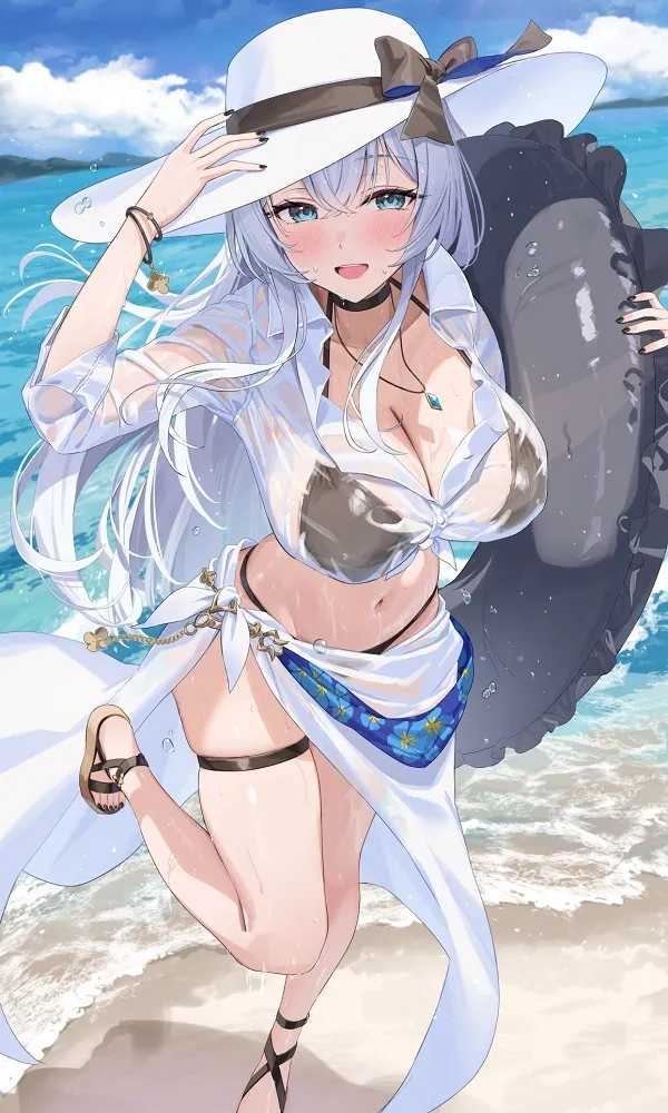 Nhân vật nữ anime rực rỡ trong bộ bikini họa tiết hoa nhiệt đới, thể hiện sự tươi trẻ.