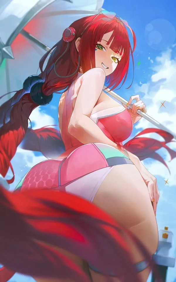 Cô gái anime với ánh mắt lạnh lùng, bí ẩn, mặc bikini đen quyến rũ bên bờ biển.