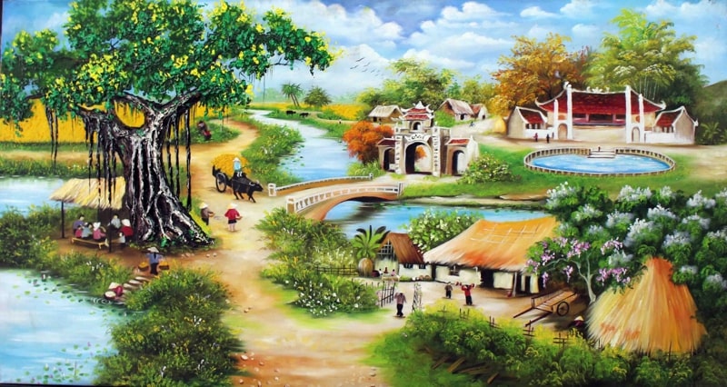 Tranh phong cảnh làng quê vẽ tay 1