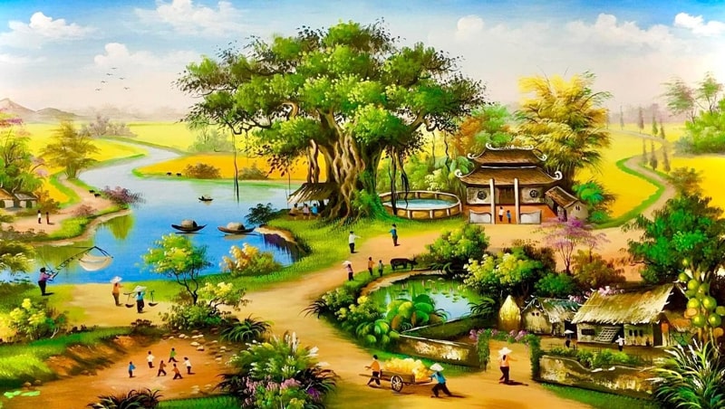 Tranh phong cảnh làng quê vẽ tay 3