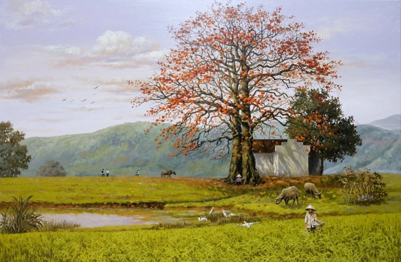 Tranh phong cảnh làng quê vẽ tay 5