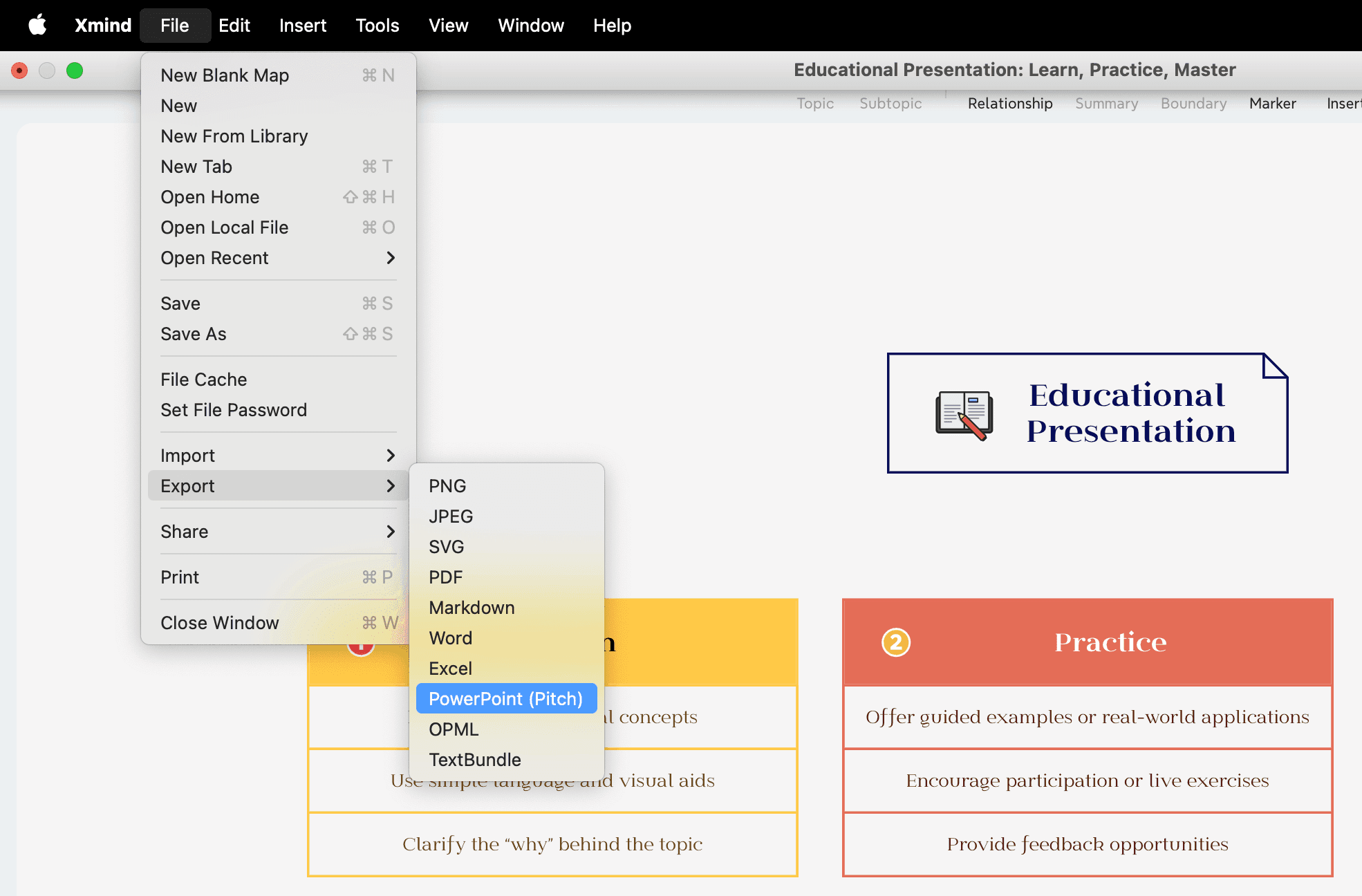 Xmind interface displaying a file menu with export options, including PowerPoint, and an educational presentation outline.