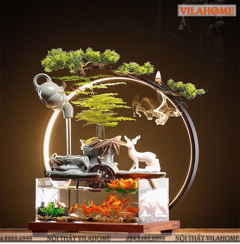 Thác nước phong thủy bể cá mini kết hợp trầm hương