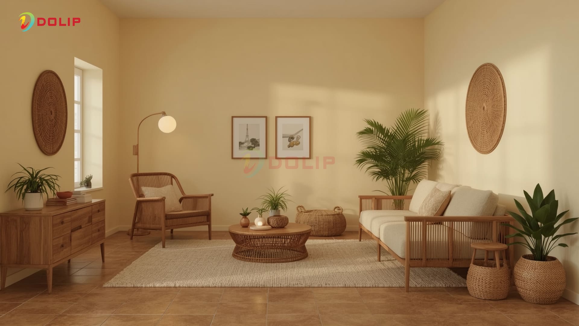 Phòng khách nền gạch nâu đất, tường vàng kem - tổng thể ấm cúng, vững chãi cho người mệnh Thổ AP2-5(S)