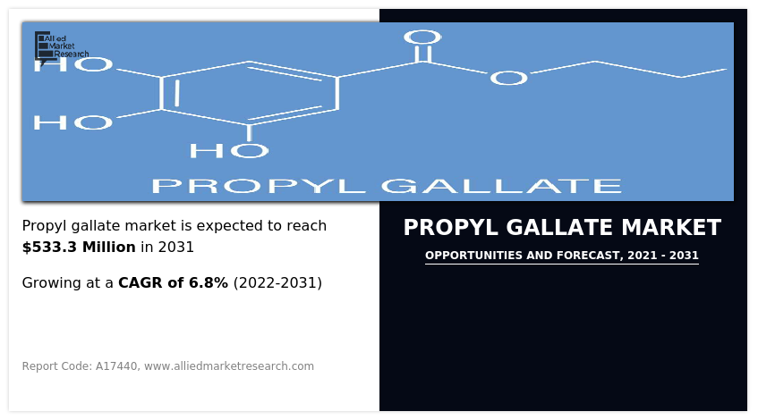 Propyl Gallate Market, by Grade (Industrial grade, Pharmaceutical grade), by End-Use Industry (Food Industry, Personal Care and Cosmetics, Adhesives, Lubricants, Others): Global Opportunity Analysis and Industry Forecast, 2021 - 2031