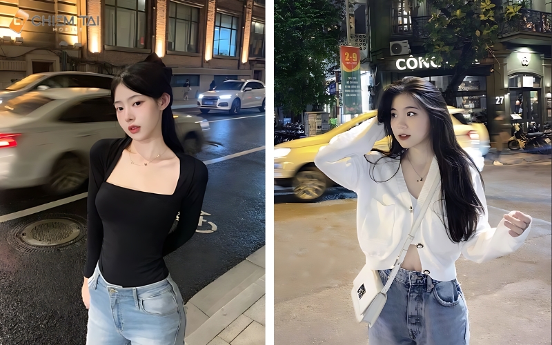 Tạo dáng chụp ảnh đường phố nữ với xe tấp nập trên đường