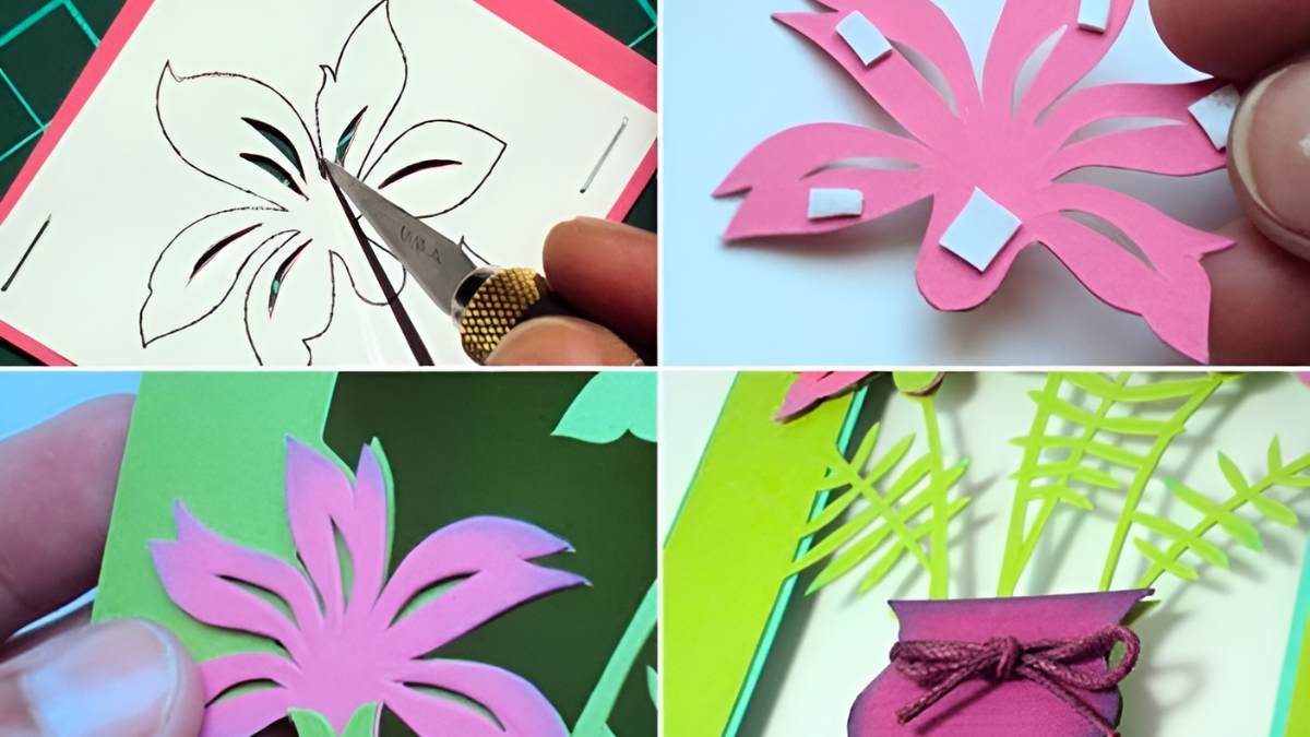 Cách làm thiệp tết 3D đơn giản với hình hoa lá nảy lộc bước 2