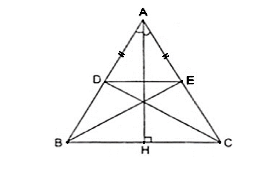 Cho tam giác ABC cân tại A, đường cao AH. Trên cạnh AB lấy điểm D, trên cạnh AC lấy điểm E sao cho AD = AE.