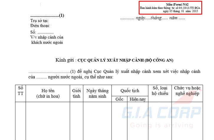 Mẫu NA2 để làm công văn nhập cảnh cho người nước ngoài