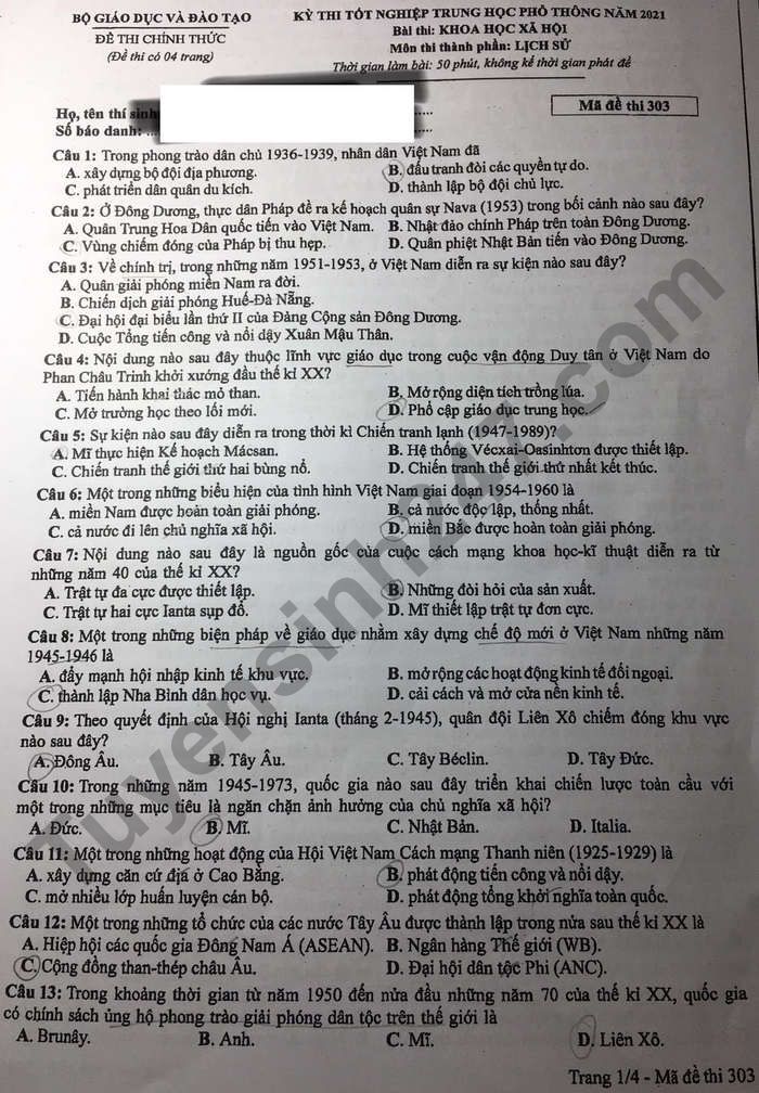 Đề lịch sử mã đề 303.