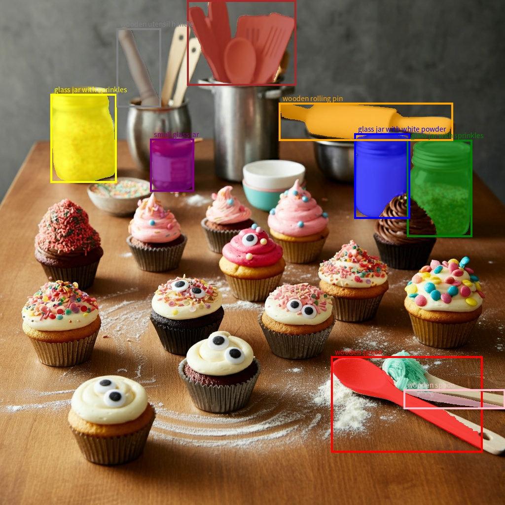 Một chiếc bàn có bánh cupcake, trong đó các vật dụng bằng gỗ và thuỷ tinh được làm nổi bật