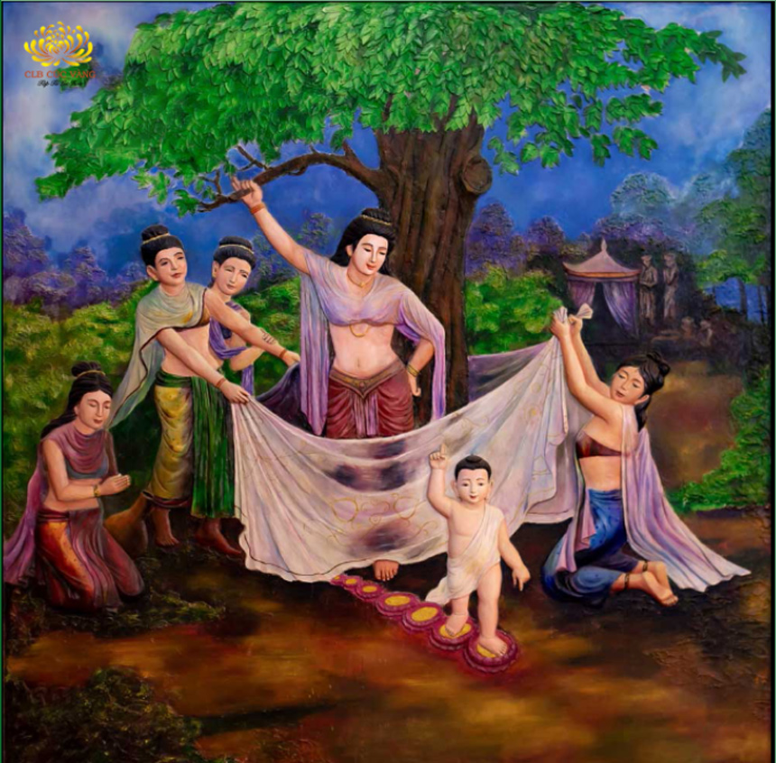 Đi đến bước thứ bảy, Thái tử một tay chỉ trời, một tay chỉ đất và tuyên bố: “Thiên thượng thiên hạ, duy ngã độc tôn”