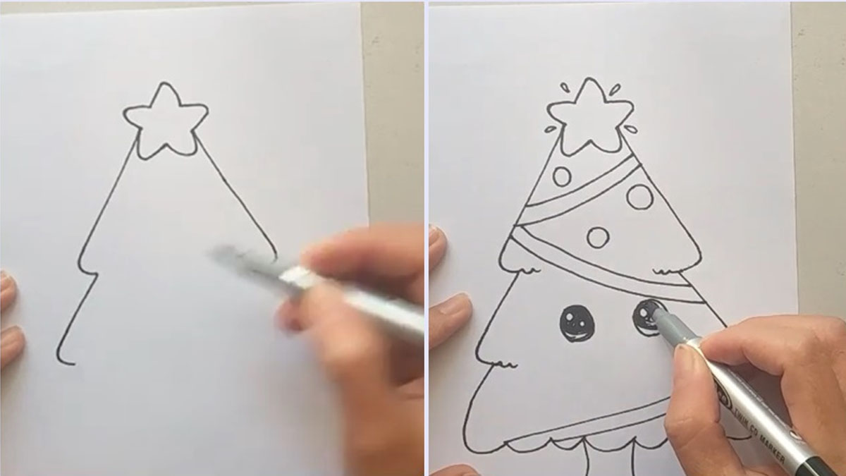 Cách vẽ cây thông Noel đơn giản có ngôi sao